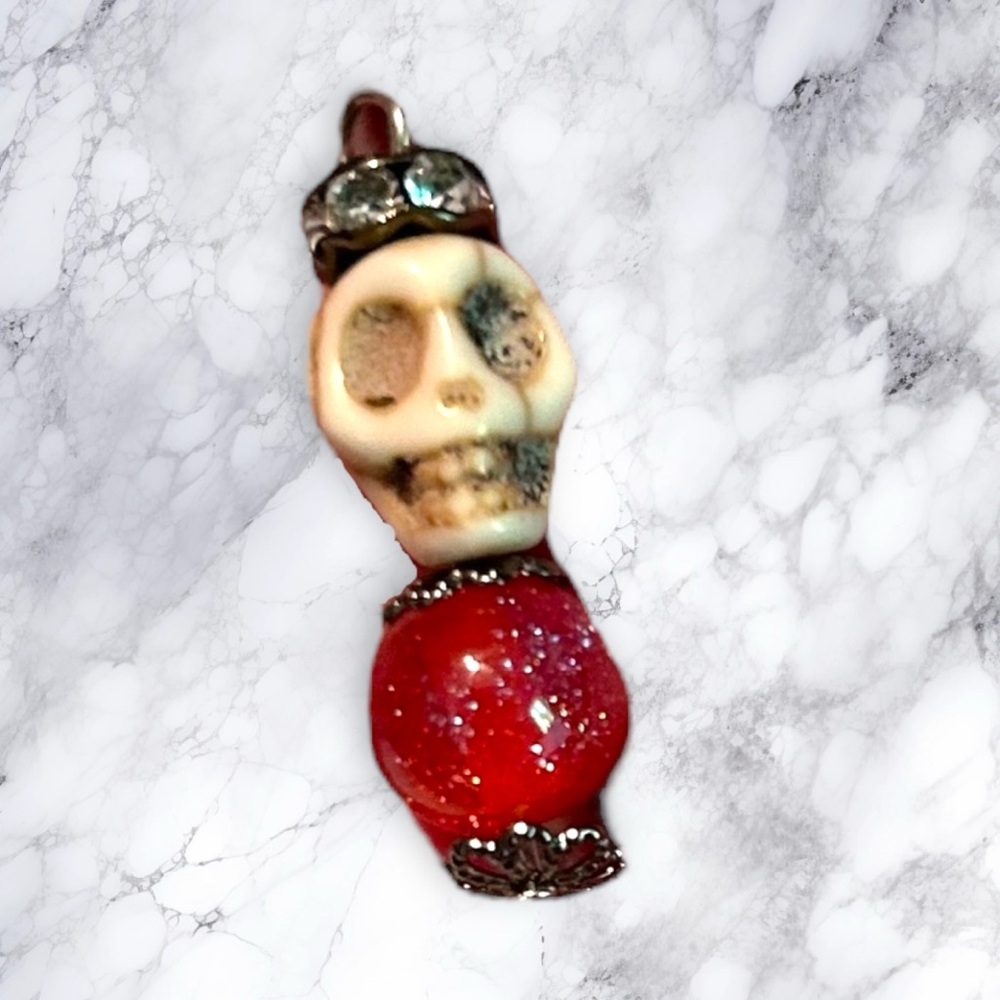 Hand Crafted Earrings Skulls White Red Rhinestones Dangle Long Pierced - Picture 4 of 7